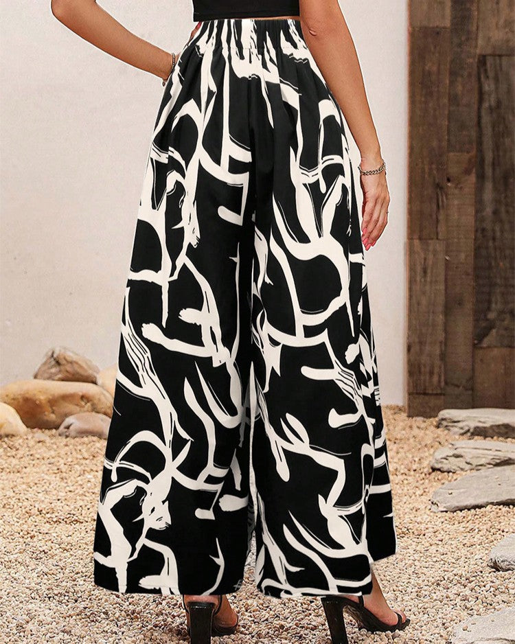 Botanical Print Flowy Wide Leg Palazzo Pants - C2
