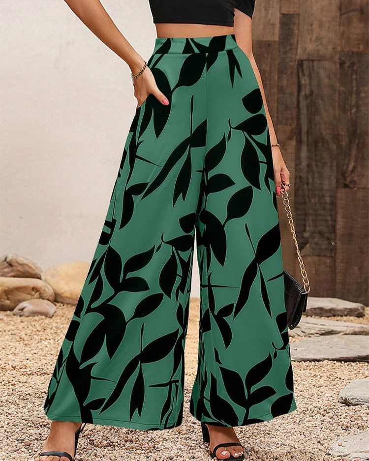 Botanical Print Flowy Wide Leg Palazzo Pants - C3