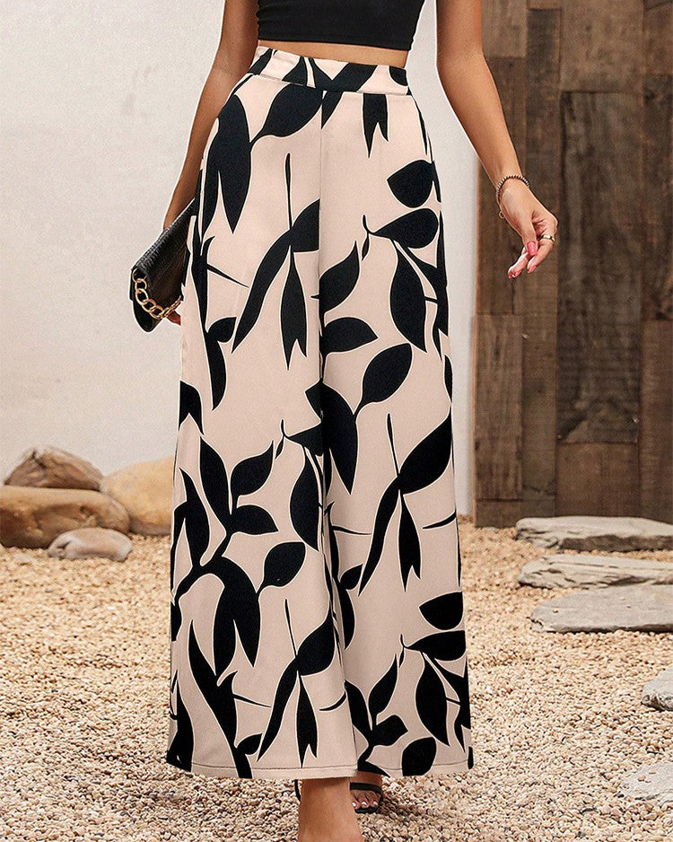 Botanical Print Flowy Wide Leg Palazzo Pants - C4