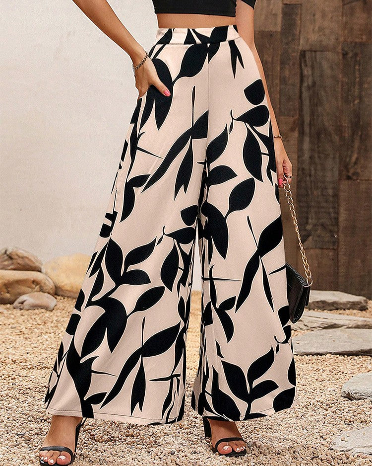 Botanical Print Flowy Wide Leg Palazzo Pants - C4 - 1
