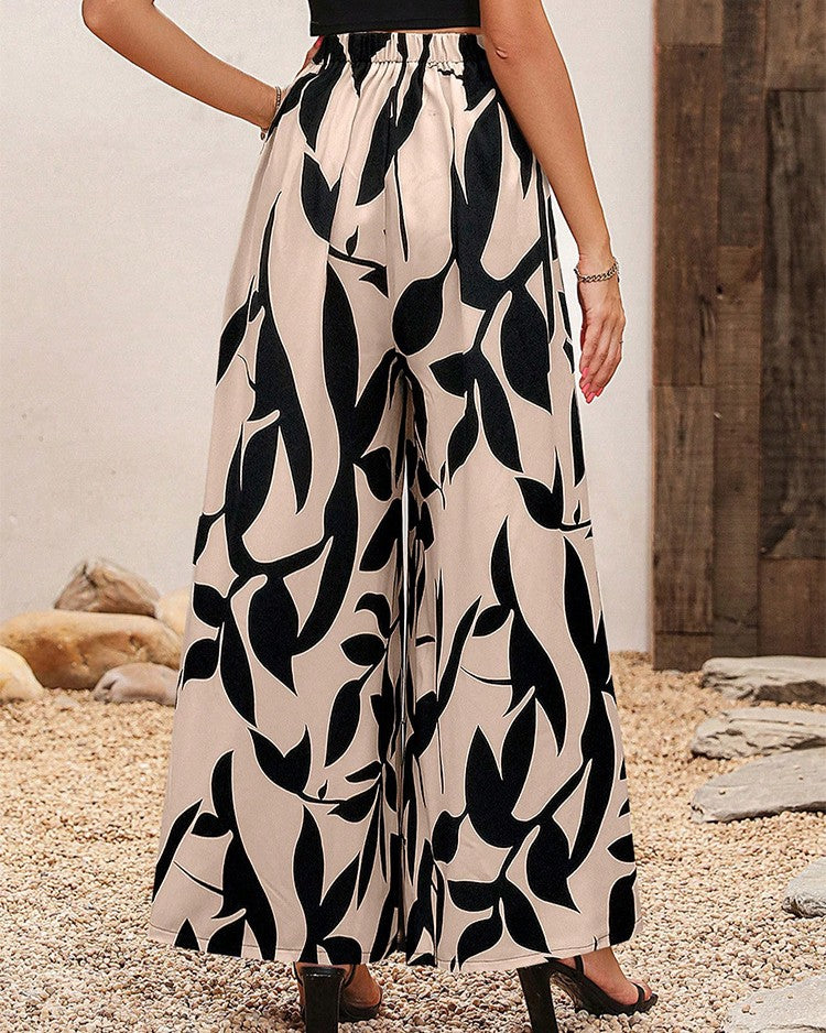 Botanical Print Flowy Wide Leg Palazzo Pants - C4 - 2