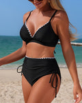 Contrast Trim Side Tie Bikini Swimsuit - Black