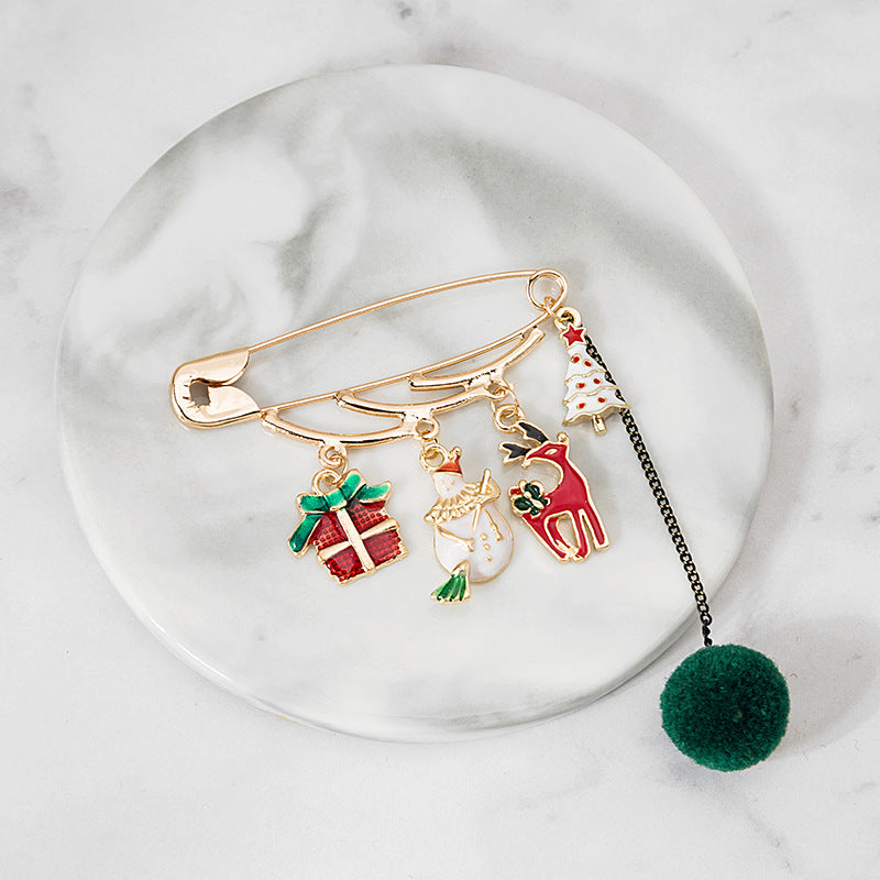 Pom Pom Charm Safety Pin Brooch - Green-1 - 1
