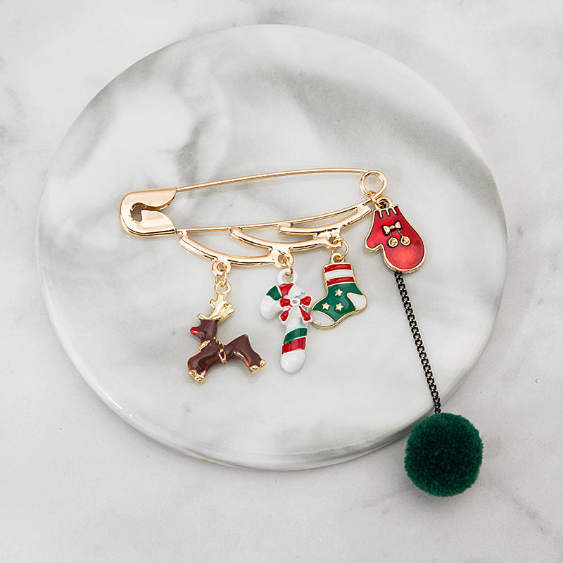 Pom Pom Charm Safety Pin Brooch - Green-2 - 1