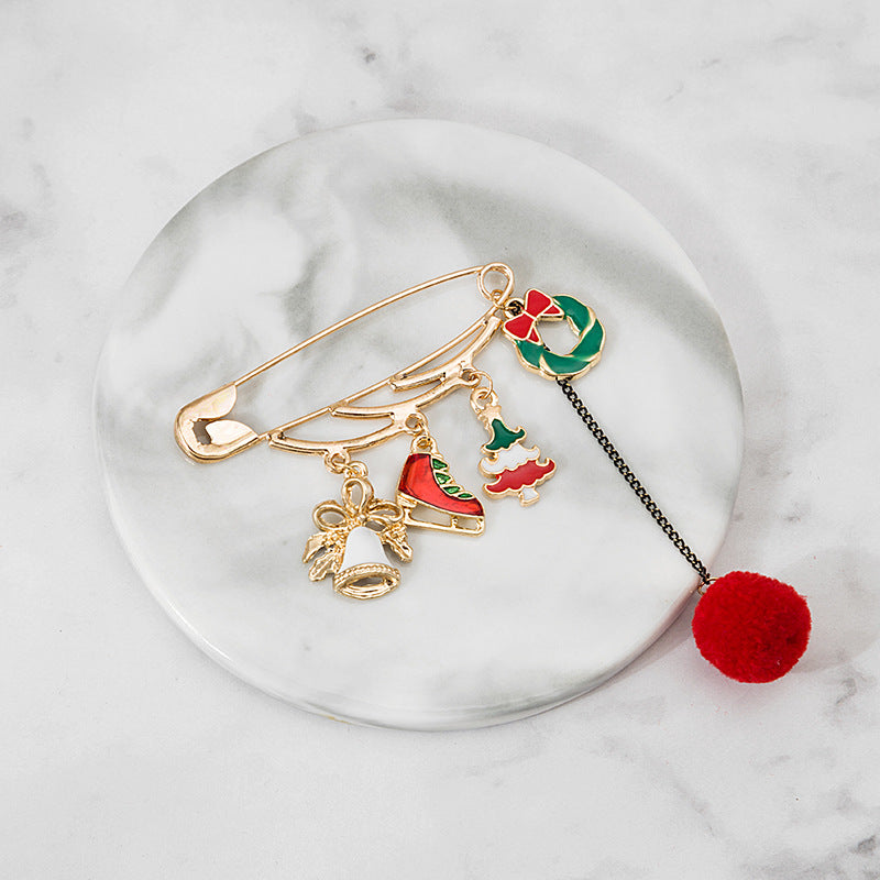 Pom Pom Charm Safety Pin Brooch - Red-1 - 1