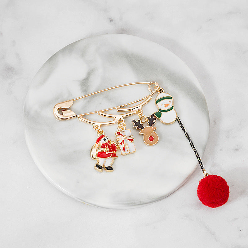 Pom Pom Charm Safety Pin Brooch - Red-2 - 1