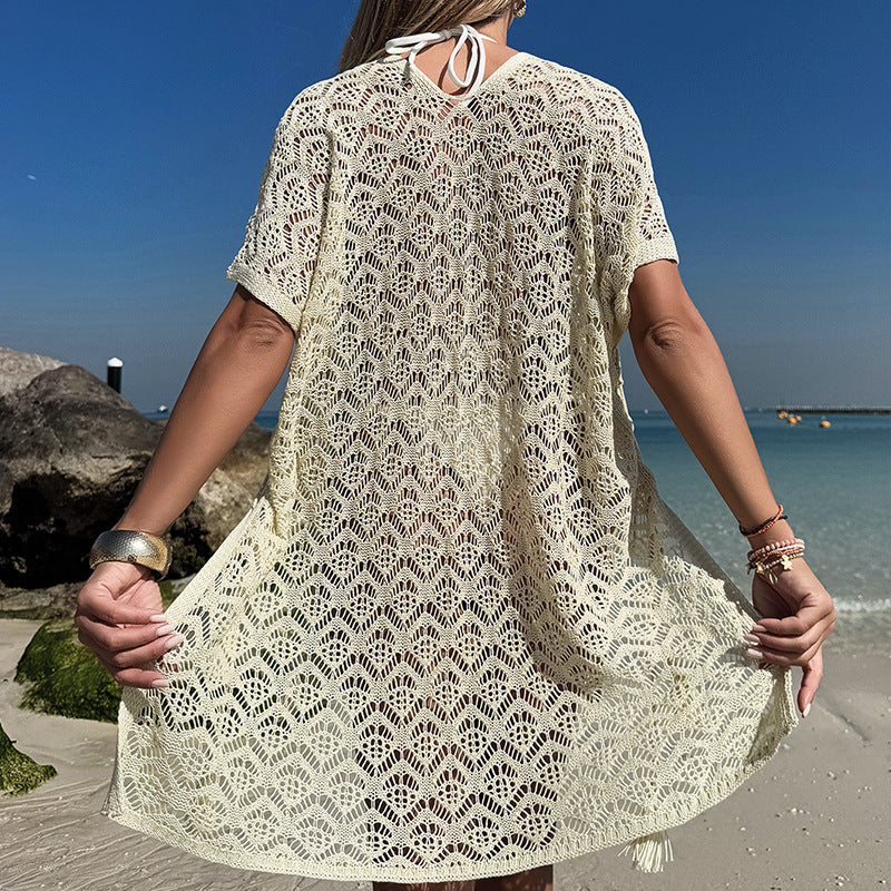 Pointelle Knit Slit Beach Cover Up - Apricot - 1