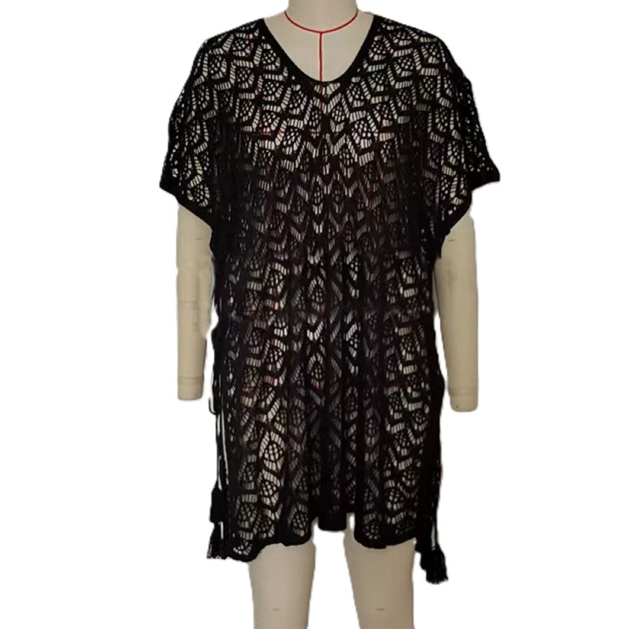 Pointelle Knit Slit Beach Cover Up - Black