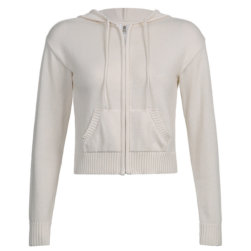 Cropped Hooded Zip Up Knit Cardigan - White