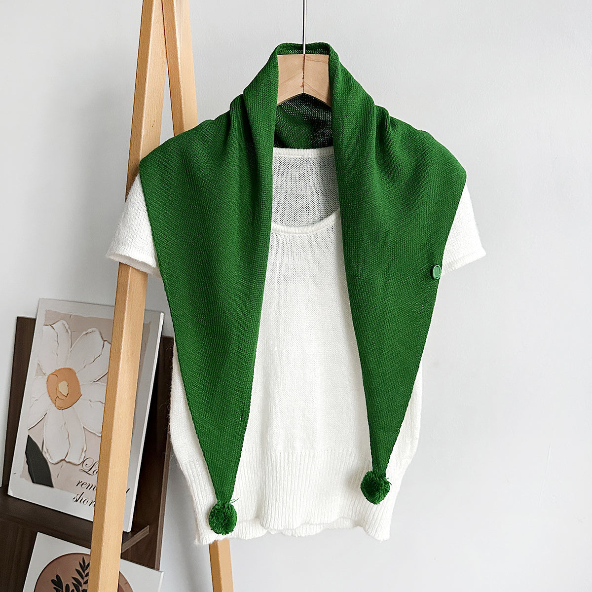 Solid Ribbed Knit Button Pom Pom Triangle Scarf - Green