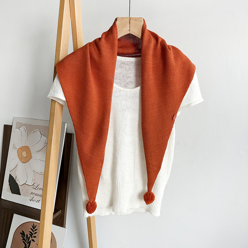 Solid Ribbed Knit Button Pom Pom Triangle Scarf - Orange