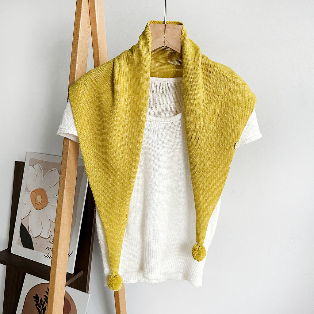 Solid Ribbed Knit Button Pom Pom Triangle Scarf - Turmeric