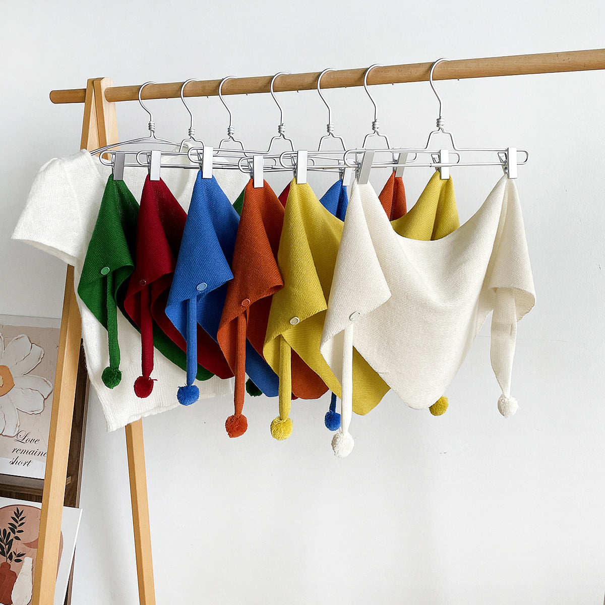 Solid Ribbed Knit Button Pom Pom Triangle Scarf