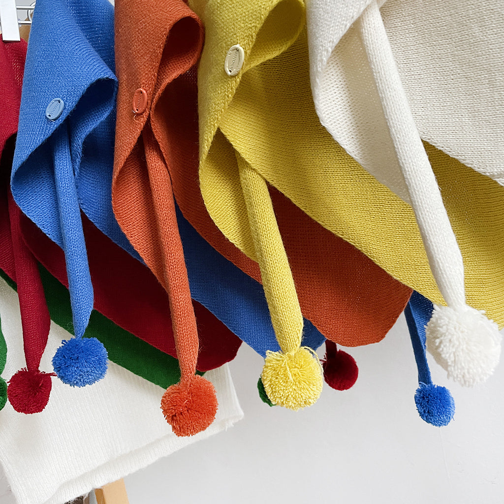 Solid Ribbed Knit Button Pom Pom Triangle Scarf - view 1