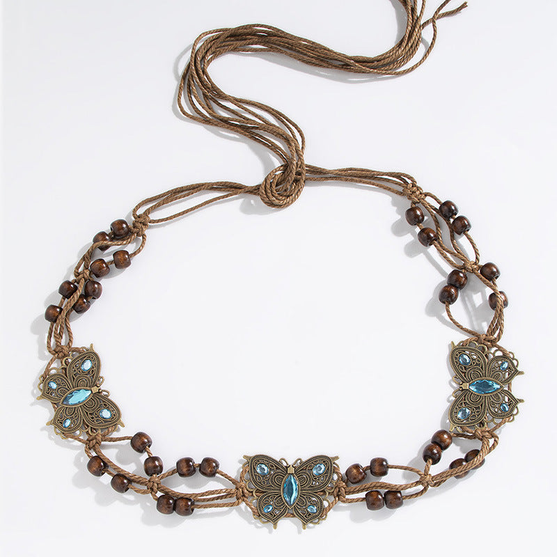 Wooden Bead Cord Waist Chain With Medallions - Blue