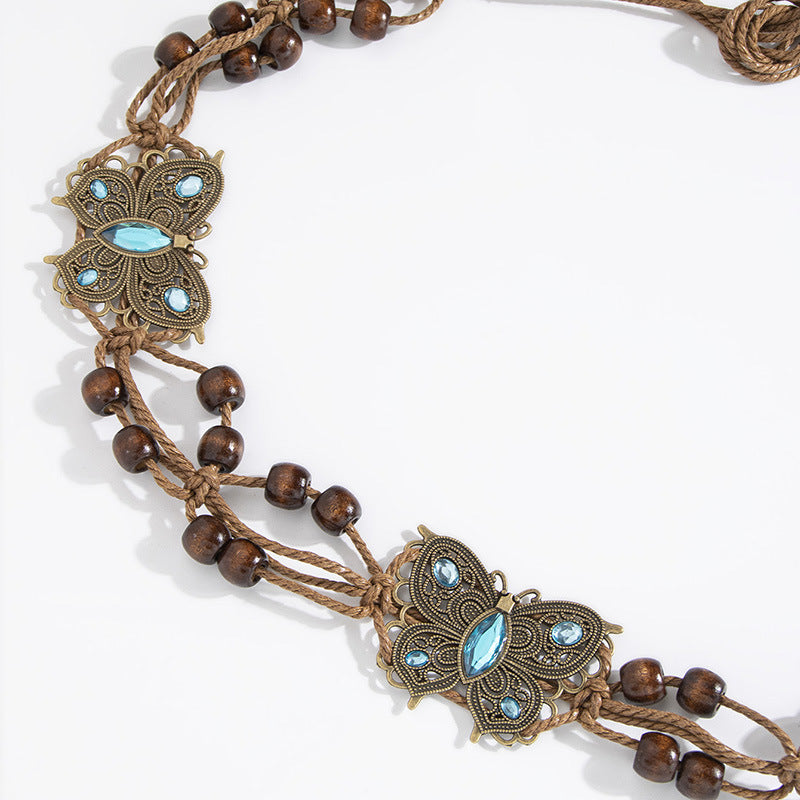 Wooden Bead Cord Waist Chain With Medallions - Blue - 1