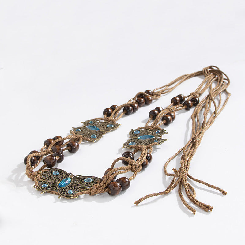Wooden Bead Cord Waist Chain With Medallions - Blue - 2