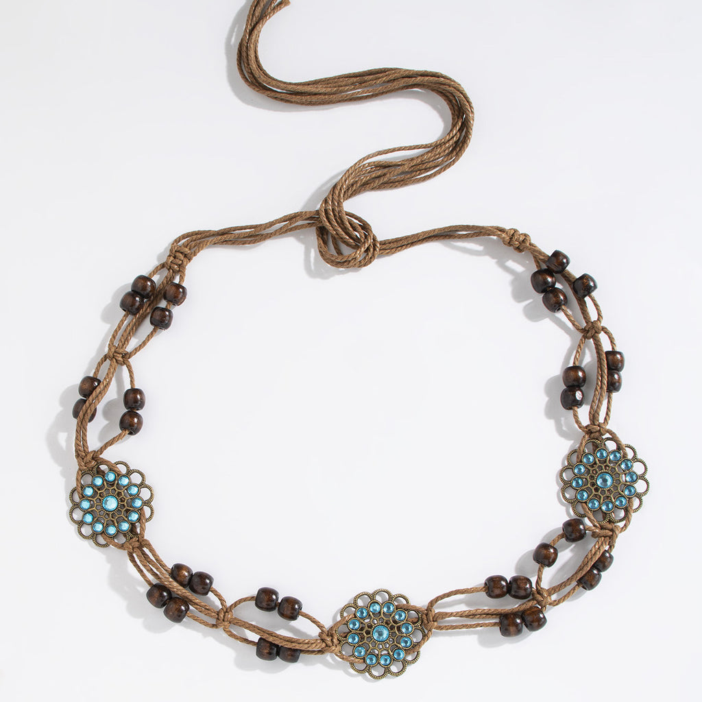 Wooden Bead Cord Waist Chain With Medallions - Flower