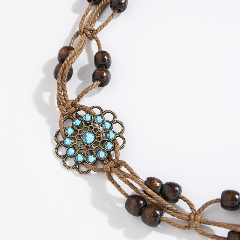Wooden Bead Cord Waist Chain With Medallions - Flower - 1