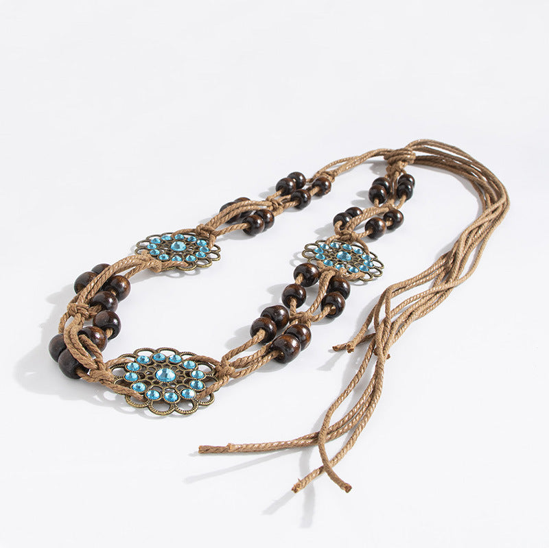 Wooden Bead Cord Waist Chain With Medallions - Flower - 2