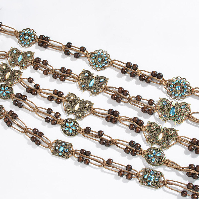 Wooden Bead Cord Waist Chain With Medallions - Flower - 3