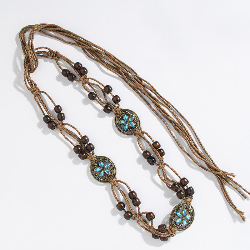 Wooden Bead Cord Waist Chain With Medallions - Oval - 2
