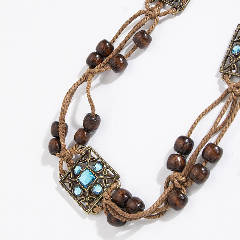 Wooden Bead Cord Waist Chain With Medallions - Square - 1