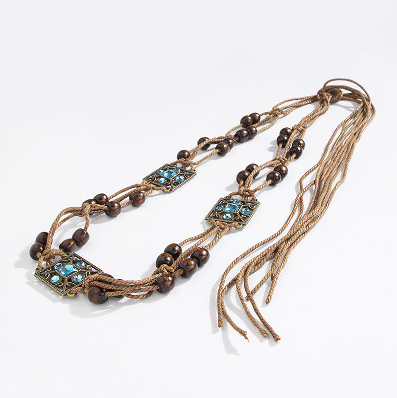 Wooden Bead Cord Waist Chain With Medallions - Square - 2