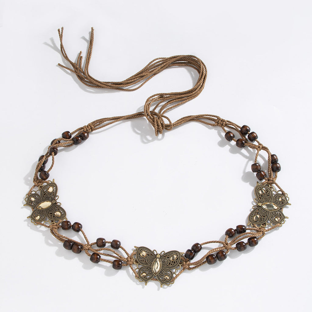 Wooden Bead Cord Waist Chain With Medallions - Yellow