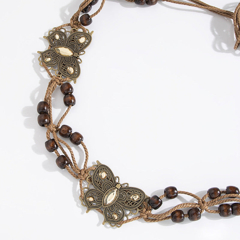 Wooden Bead Cord Waist Chain With Medallions - Yellow - 1