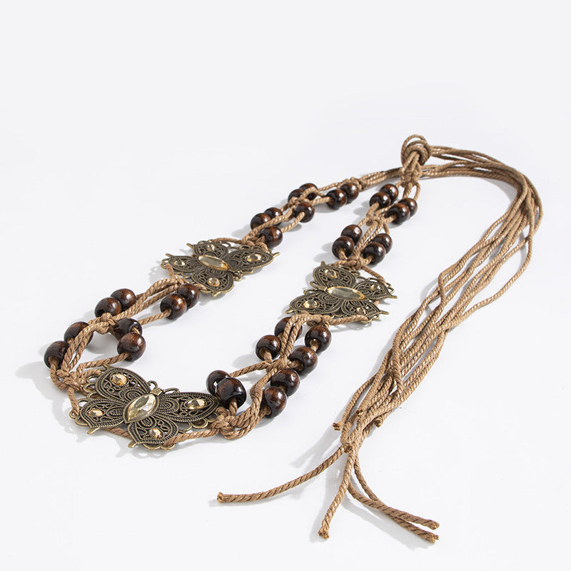 Wooden Bead Cord Waist Chain With Medallions - Yellow - 2