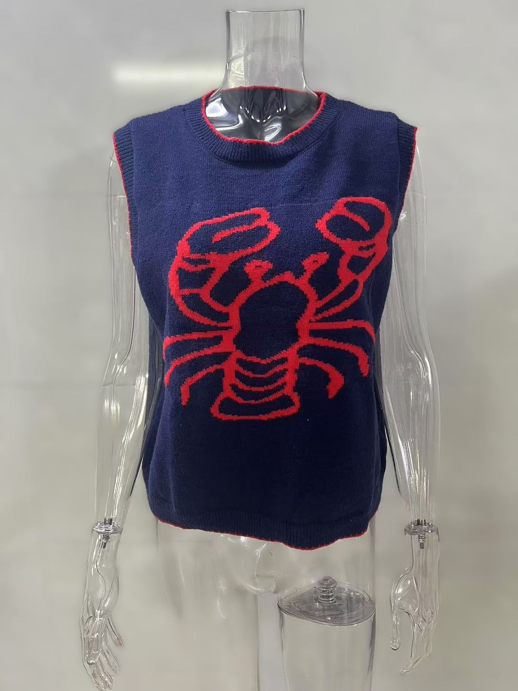 Fruit and Lobster Jacquard Knit Vest - Navyblue