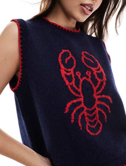 Fruit and Lobster Jacquard Knit Vest - Navyblue - 2