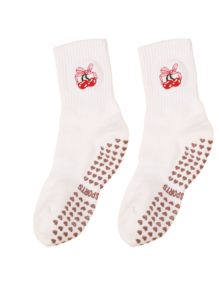 Embroidered Crew Socks With Nonslip Grip Soles - Cherry