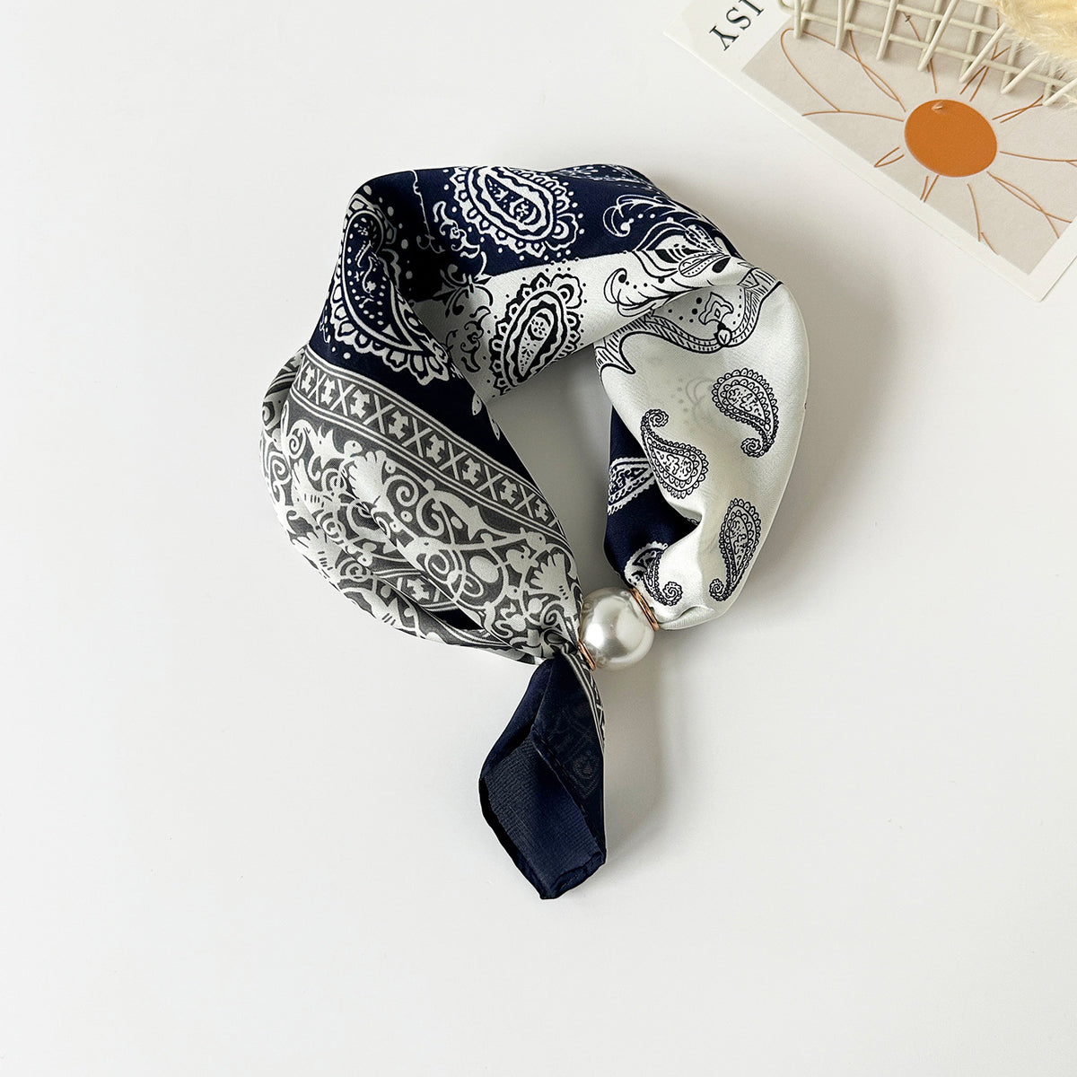 Satin Paisley Print Pearl Slide Neckerchief Scarf - Color_01