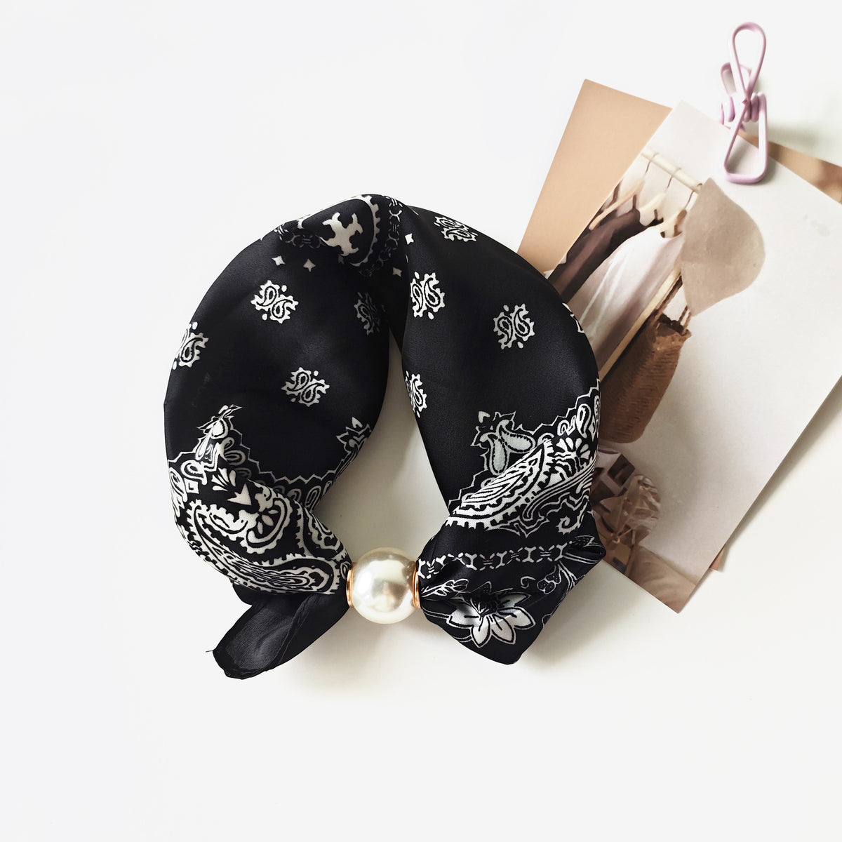 Satin Paisley Print Pearl Slide Neckerchief Scarf - Color_05