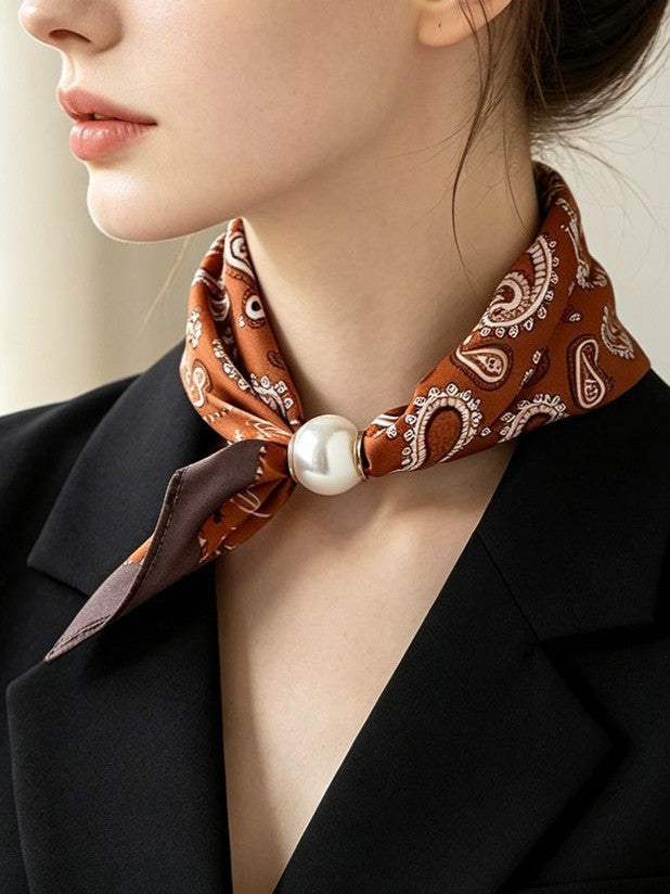 Satin Paisley Print Pearl Slide Neckerchief Scarf - Color_07 - 1