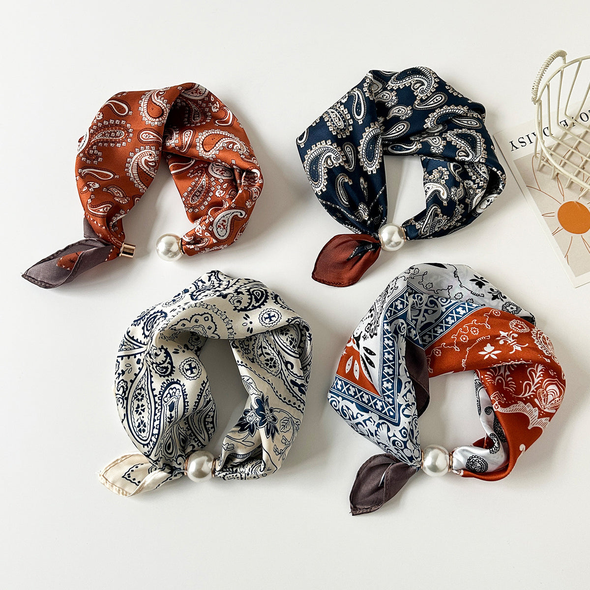 Satin Paisley Print Pearl Slide Neckerchief Scarf