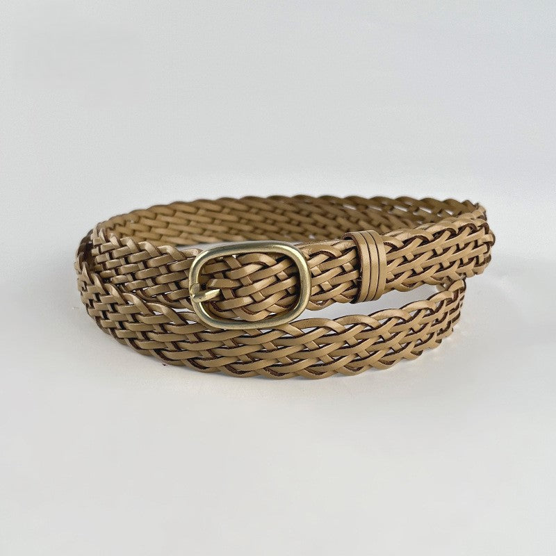 Rectangle Buckle Woven Leather Belt - Apricot