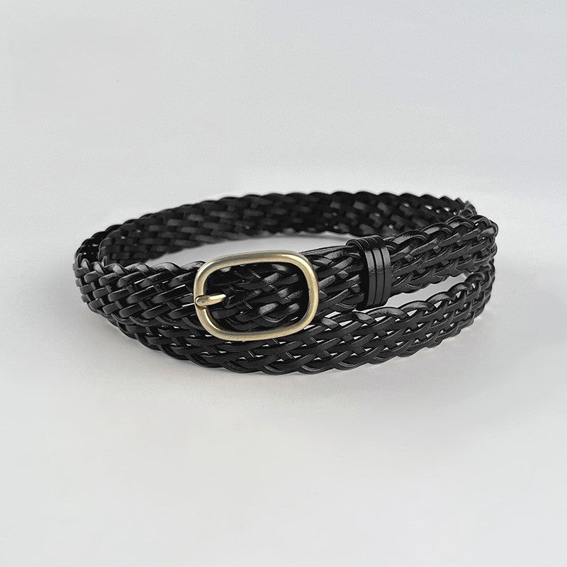Rectangle Buckle Woven Leather Belt - Black