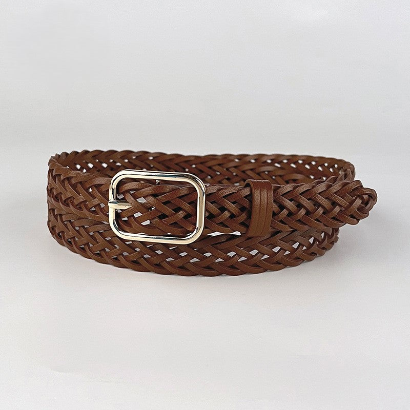 Rectangle Buckle Woven Leather Belt - Brown