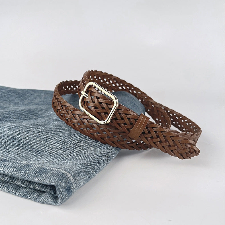 Rectangle Buckle Woven Leather Belt - Brown - 1