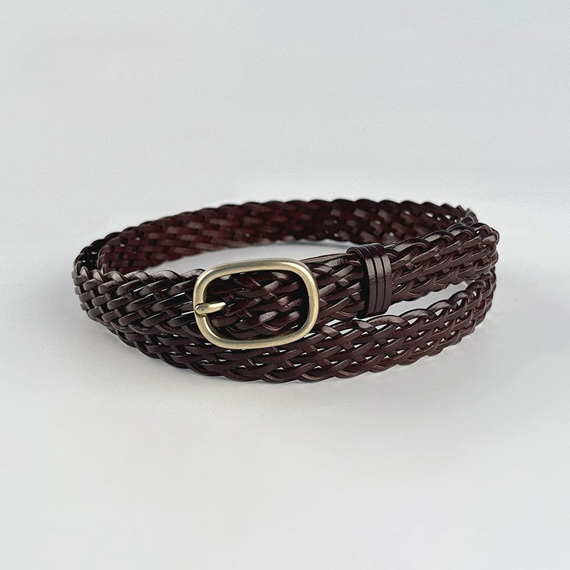 Rectangle Buckle Woven Leather Belt - Coffee