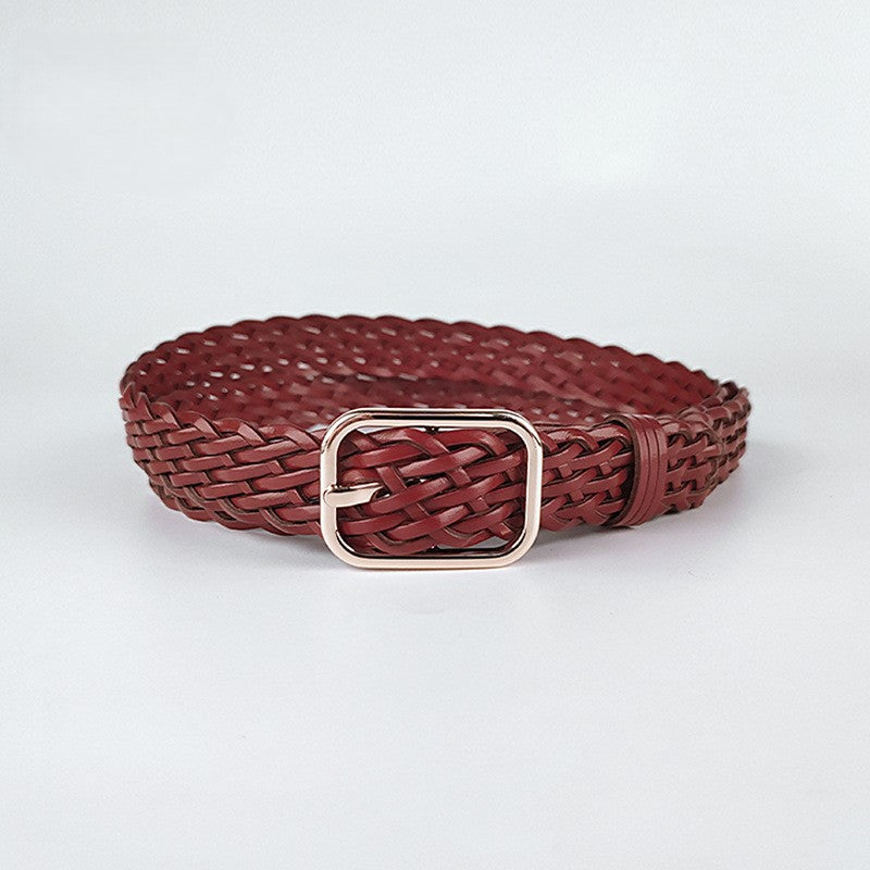 Rectangle Buckle Woven Leather Belt - Red