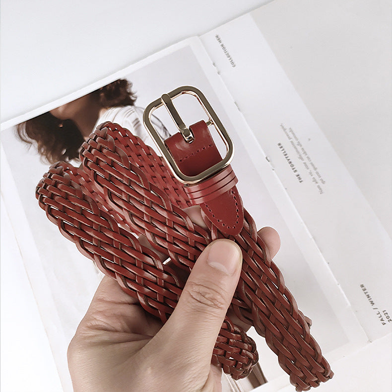 Rectangle Buckle Woven Leather Belt - Red - 1