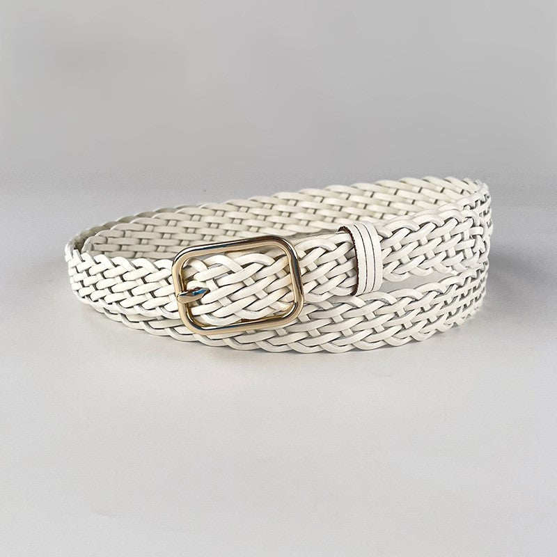 Rectangle Buckle Woven Leather Belt - White