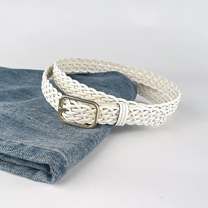 Rectangle Buckle Woven Leather Belt