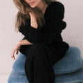 Fluffy Brushed V Neck Button Cardigan - black