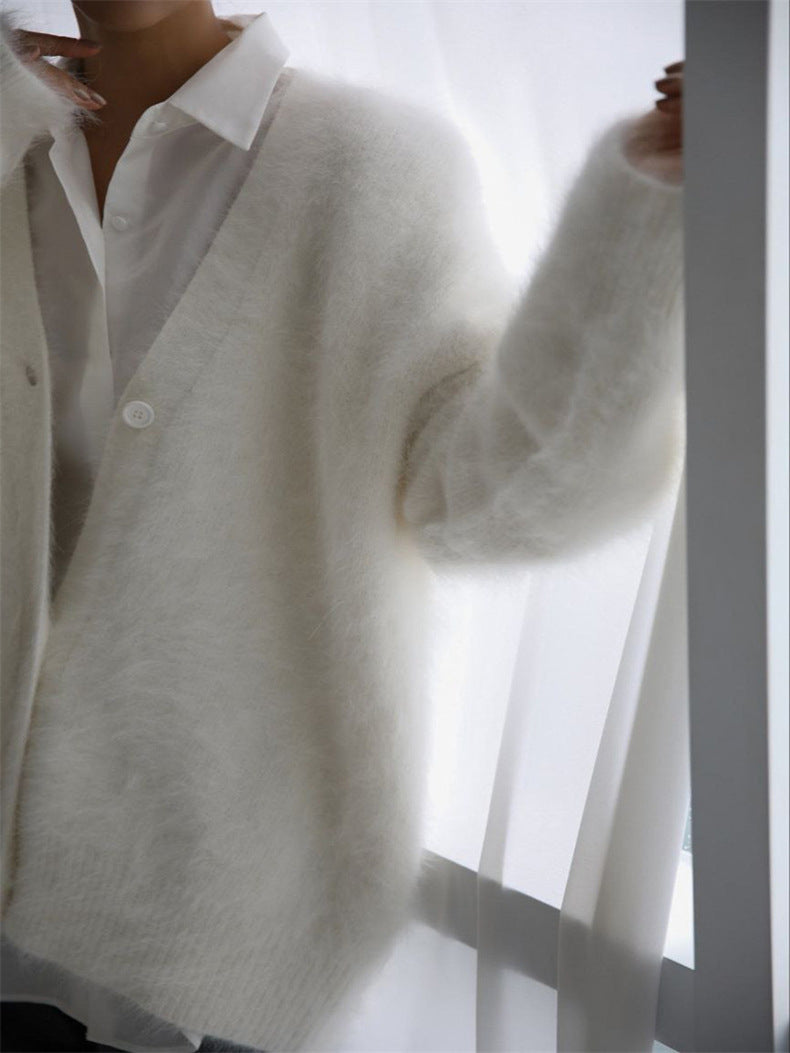 Fluffy Brushed V Neck Button Cardigan - white - 1
