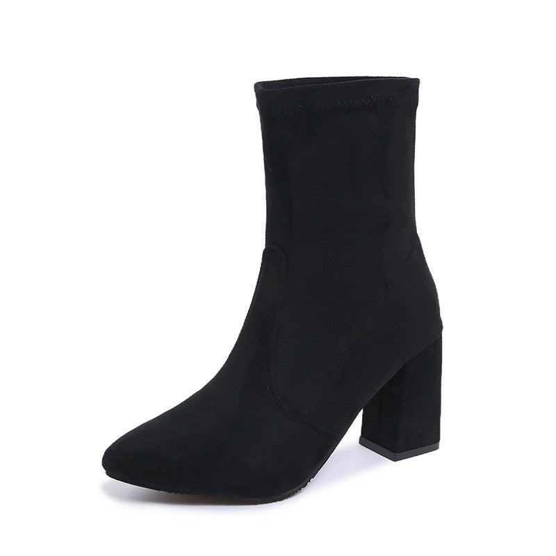 Stretch Faux Suede Block Heel Ankle Boots - Black